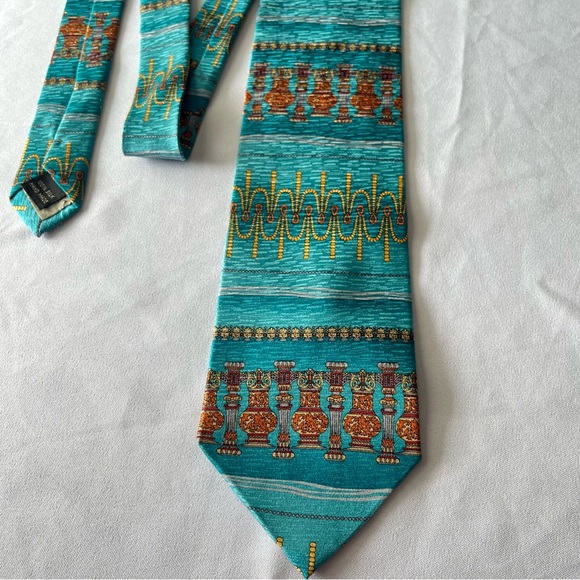 Tesoro Rosso Hand-Made 100% Silk Tie Blue Yellow Pedestals Jewelry String Print - Picture 6 of 8